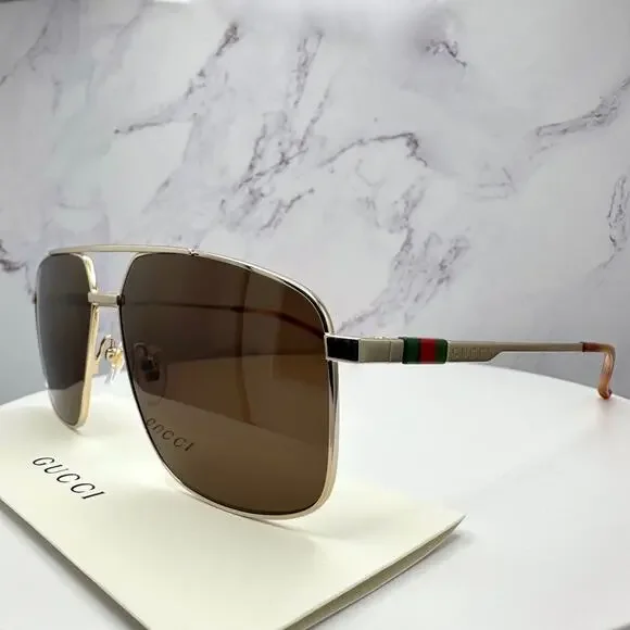 New GUCCI Sunglasses Gold Metal Square Aviator Pilot Red Green Web Logo Mens